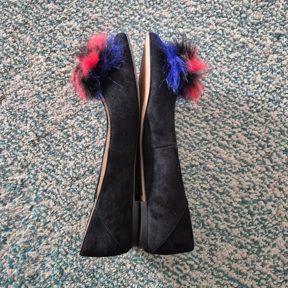 Franco Sarto Sukie Black Suede Flats Pom Pom Accent Pointed Toe Womens Sz 5.5 M